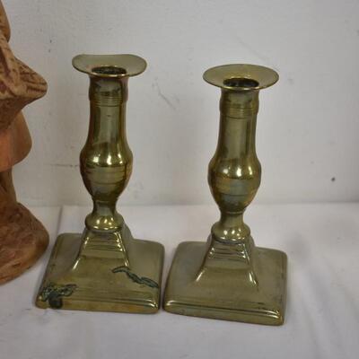 7 pc Home Decor, Brass Candle Holders, Brass? Lamp, Works, Clock, Mirror