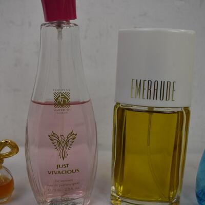 7 pc Perfume, Avon, Emeraude, Just Vivacious, Metal Trinket Box