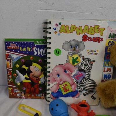 Toddler Toy Lot, Books, Stuffed Bear, Cars, Spoons