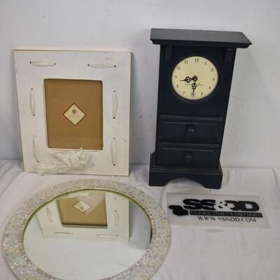 3 pc Wall Decor: Circular Glass Mirror, Wooden Clock/Shelf