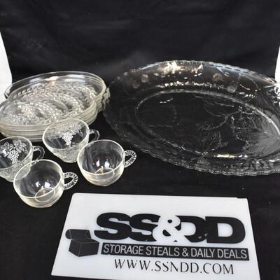 Glassware: Small Cups with Floral Designs, Large Serving Platter, Small Plates
