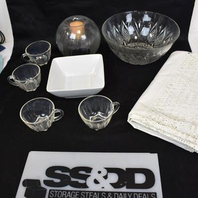 4 Small Cups, 1 Medium Punch Bowl, 1 Glass Candle Holder, White Bowl, Tablecloth
