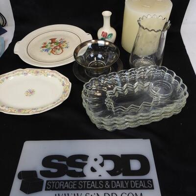 Big Candle, 2 Plates, 4 Glass Platters, Cup with Matching Plate, Glass Décor