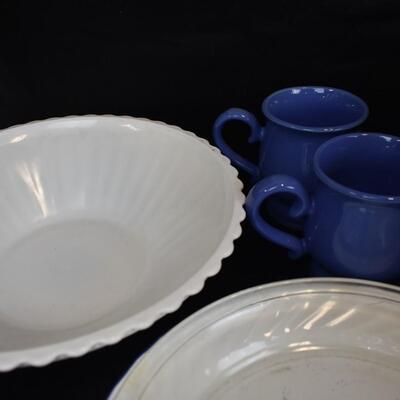 Basket of Glassware: 3 Blue Cups, 6 Plates, 1 White Bowl, 1 Soup Bowl