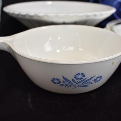 Basket of Glassware: 3 Blue Cups, 6 Plates, 1 White Bowl, 1 Soup Bowl
