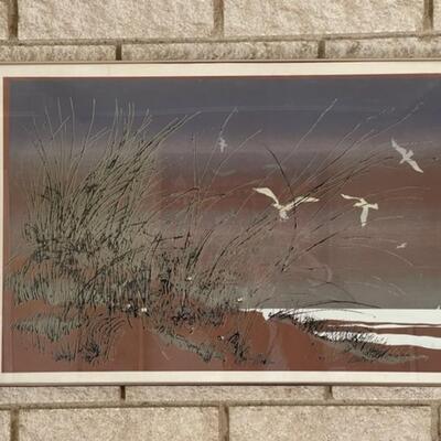 Lot 202 Vintage Poster by Ed Newman Seagulls Sea Shore Framed