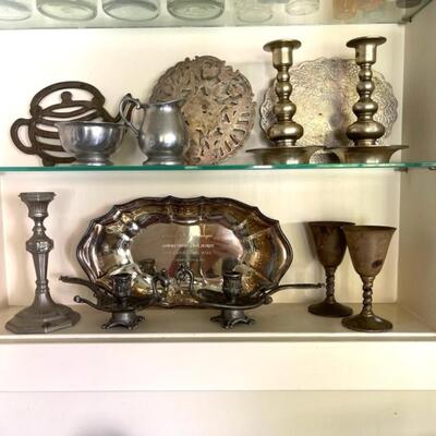 Lot 211 Collection Silver Tone Items Candle Holders Trivets Trophy Dish