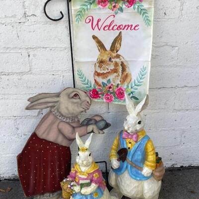 Lot 218 Group Easter Bunny Rabbit Flag, 2 Statues + Cutout with Eggs