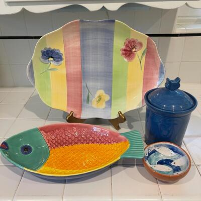 Lot 229 Lot Colorful Kitchen Ceramics Metlox Fish Flower Platter New Fiesta Cat Jar