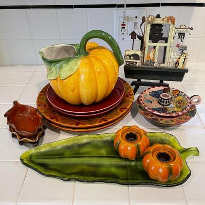 Lot 230 Lot Decorative Items Harvest Tones Pumpkin Pitcher, Plates Candleholders Cat Screen