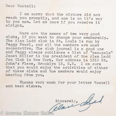 AUTOGRAPHED PHOTO / LETTER - ACTOR ALAN LADD