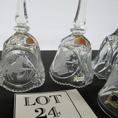 Lot of 4 Vintage Lead Crystal Glass Bells, Etched Images, Nice