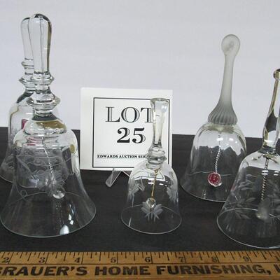Lot of 5 Pretty Cut Glass Bells, 2 Romania, 1 Hungary, 2 Unmarked, Nice Lot