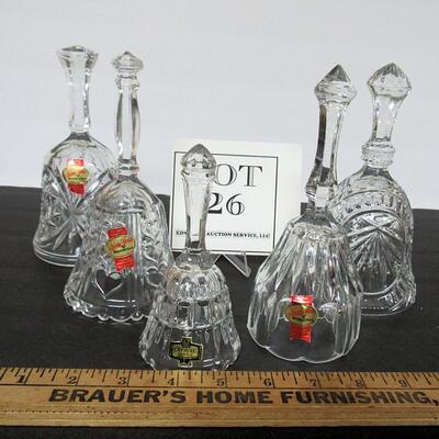 Lot of 5 Lead Crystal Glass Bells, 3 Anna Hutte West Germany, 1 Yugoslovia