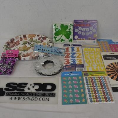 Party Supplies Lot: Stickers, Fan, Confetti, Garland, Plates - New