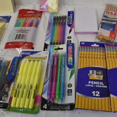 Pack of Pencils, Highlighters, and Paper, Notebook, Sticky Notes - New