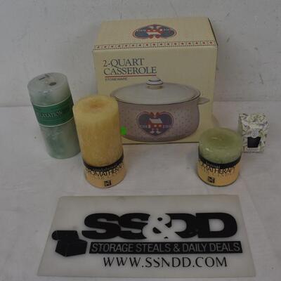 2 Quart Stoneware Casserole, AromaTherapy Pillar Candles, Lavender Candle - New