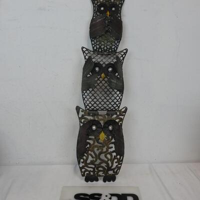 Metal Wall Decor, 3 Stacked Owls Covering Eyes - New
