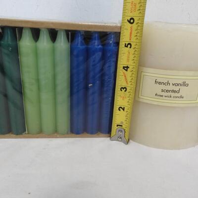 73 Candles! 24 Blue, 24 Light Green, 24 Green, & 1 large 3 Wick Cream - New
