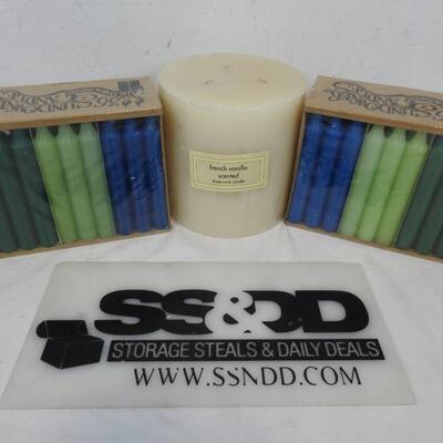 73 Candles! 24 Blue, 24 Light Green, 24 Green, & 1 large 3 Wick Cream - New