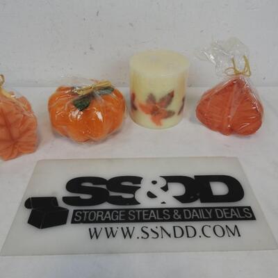 4 pc Fall Theme Candles, Leaves & Pumpkin - New