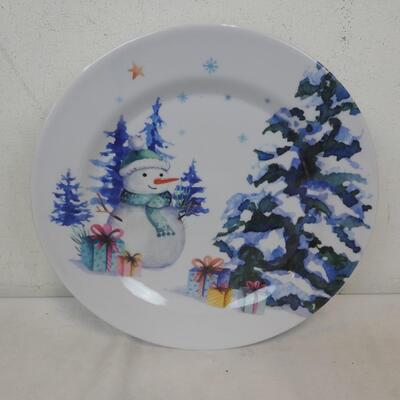 16 pc Melamine Plates (12) & Bowls (4) Snowman, Trees, & Gifts Theme - New