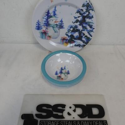 16 pc Melamine Plates (12) & Bowls (4) Snowman, Trees, & Gifts Theme - New