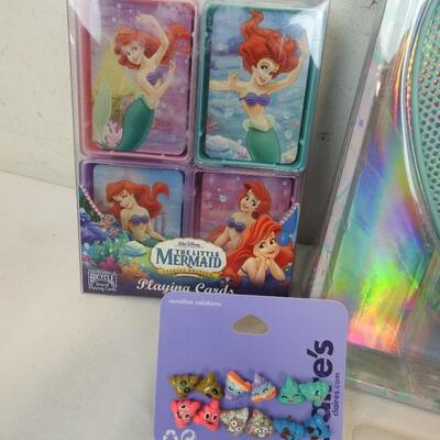 4 pc Kids Toys: Little Mermaid Cards, Poop Emoji Earrings, MP3 Player - New