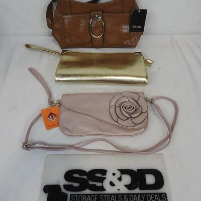 3 pc Purses: Brown Liz & C, Pink Mountain Mamas, & Gold (unbranded) - New
