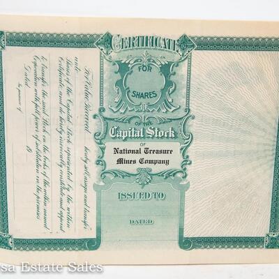 VINTAGE STOCK CERTIFICATE - NATIONAL TREASURE MINES