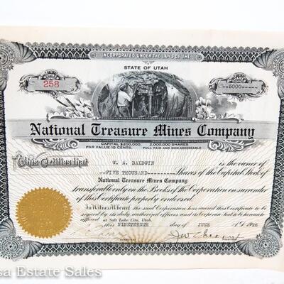 VINTAGE STOCK CERTIFICATE - NATIONAL TREASURE MINES