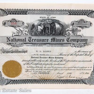 VINTAGE STOCK CERTIFICATE - NATIONAL TREASURE MINES