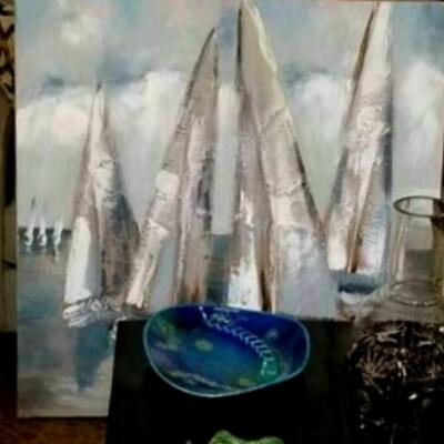 Large relief-style mid-century impressionistic painting of sailboats
