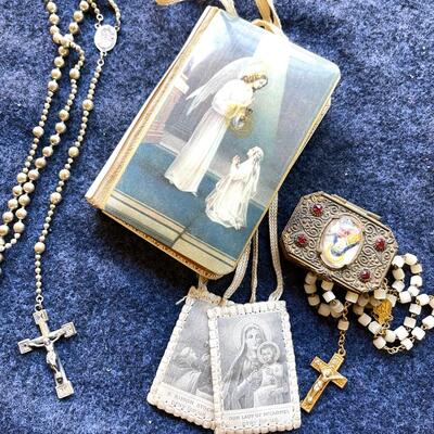 Lot 252 Group Catholic Antique Prayer Book Brass Jeweled Box Rosary