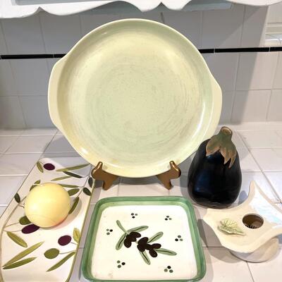 Lot 259 Ceramic Pottery Collection Olive & Eggplant Theme Trays Candle