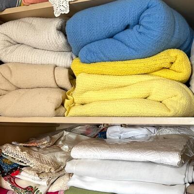 Lot 271 Linen Cupboard Full of Blankets Throw Pillows Table & Bed Linens