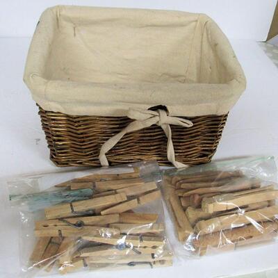 Clothes Pin Basket and 2 Bags Wood Clothespins