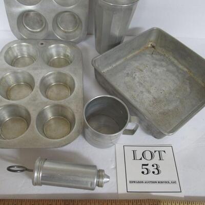 Lot of Vintage Aluminum Ware, Chilton Ware Muffin Tins, 1 Cup Measure, Thompson's Double Malted Milk Shaker, More