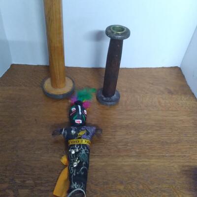 LOT 103   WOODEN YARN HOLDERS AND AFRICAN DOLL