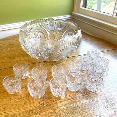 Lot 272 Antique Pressed Glass Punch Bowl & 13 Cups