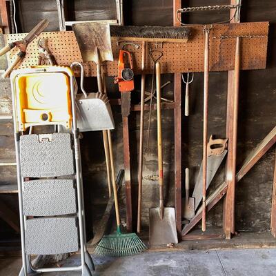 Lot 309 Group Garden Tools Rakes Shovel Broom Step Ladder + More