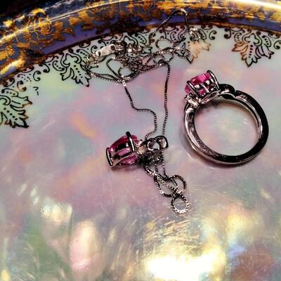 Pink Sapphire & Diamonds Sterling Silver Necklace & Ring Set