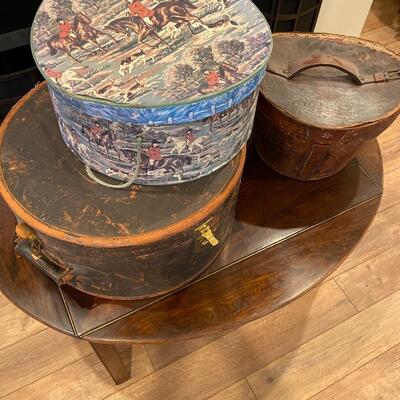 Antique Leather Hat Boxes and Fox Hunt Hat Box