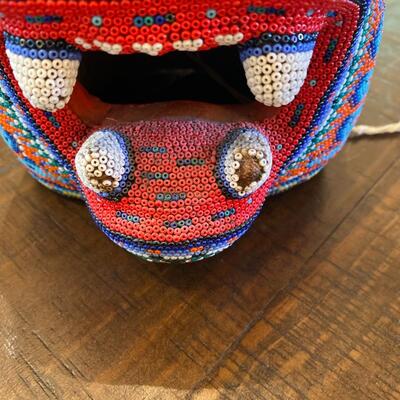 Huichol Mexican Folk Art Seed Bead on Wood Carved Jaguar Jungle Cat Head