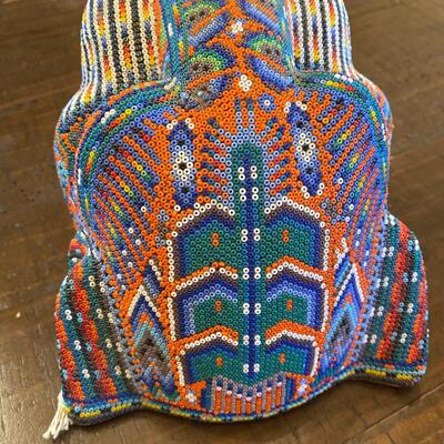 Huichol Mexican Folk Art Seed Bead on Wood Carved Jaguar Jungle Cat Head