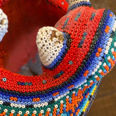 Huichol Mexican Folk Art Seed Bead on Wood Carved Jaguar Jungle Cat Head