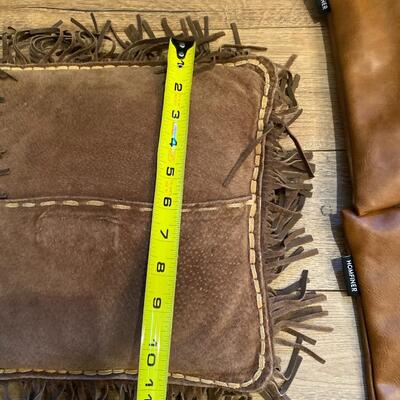 Pair of Leather Cushions and Decorative Suede Pillow