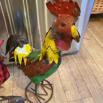 Three Decorative Roosters and Small Plaque