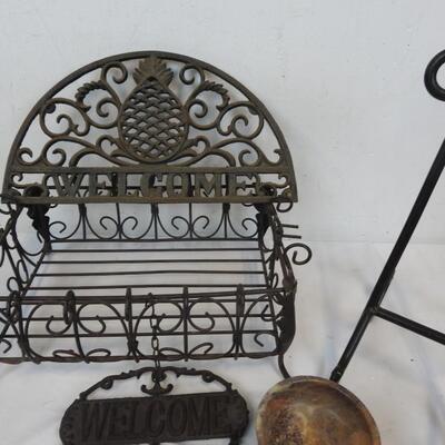 Decor Lot: Metal Basket, Two Welcome Signs, Bookstand, Candle Holder
