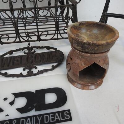 Decor Lot: Metal Basket, Two Welcome Signs, Bookstand, Candle Holder